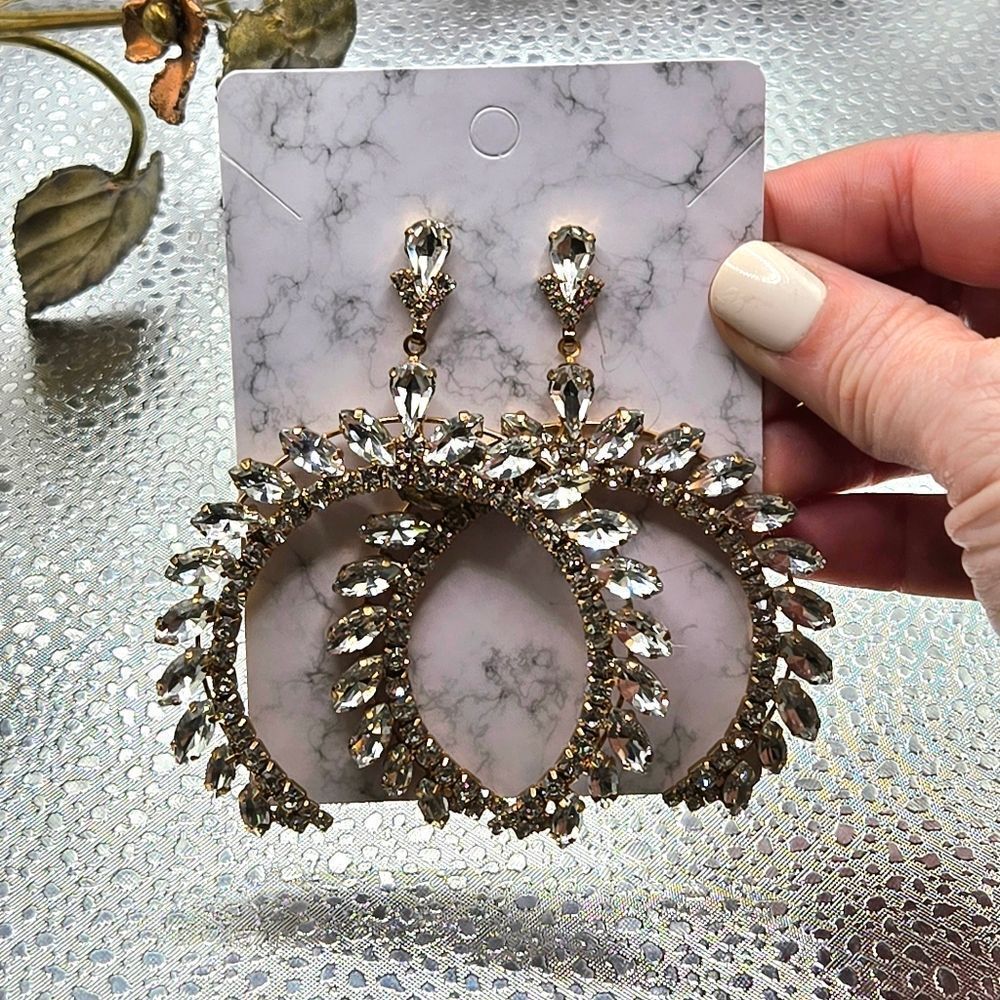 "5/$25" Bold Statement Formal Costume Gold Tone Rhinestone Dangle Post Earrings